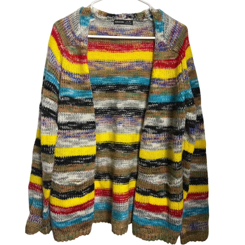 Noracora Womens Multicolor Striped Chunky Knit Open Front Cardigan Pockets M Art